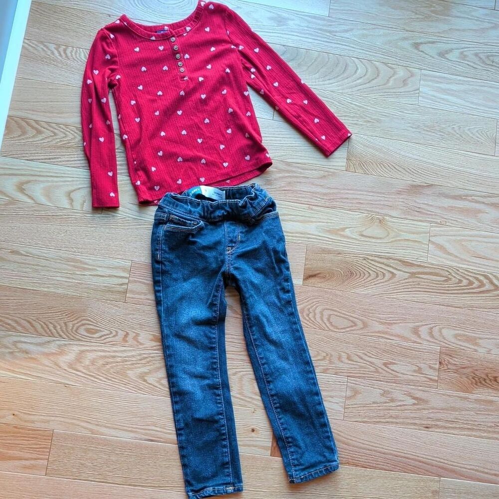 Old Navy girls’ 5T 2-piece red ribbed long-sleeve Henley top & skinny jeans